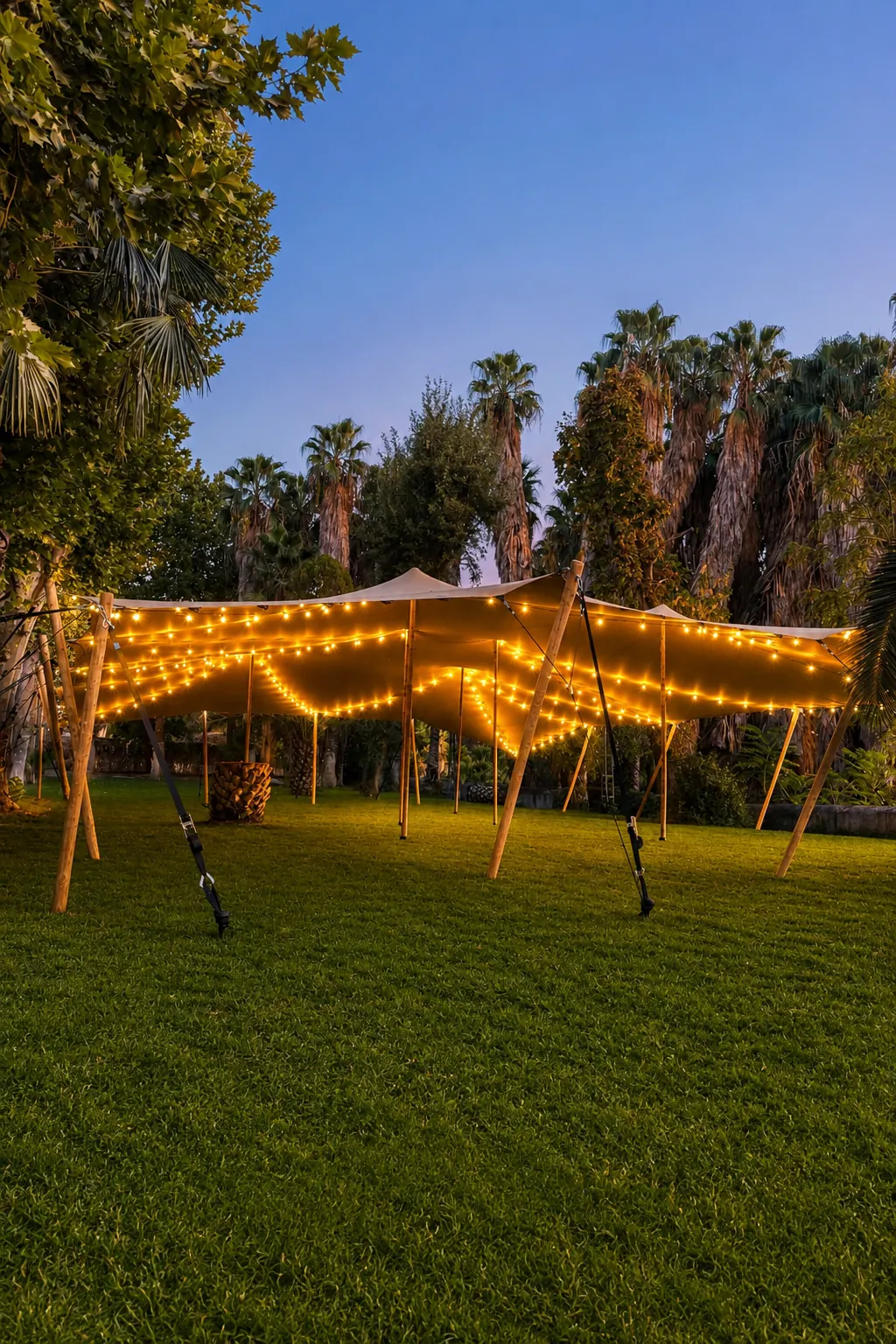 Carpa con guirnaldas encendidas en un jardín al anochecer