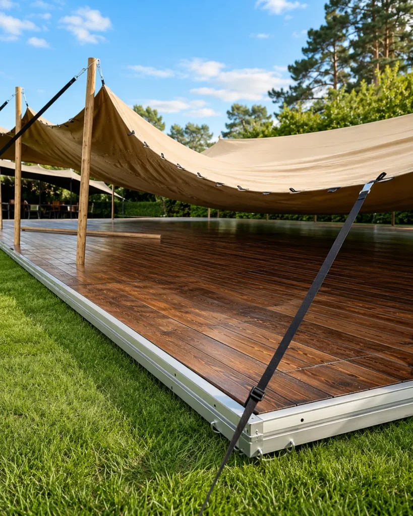 Carpa con tarima de madera instalada sobre césped